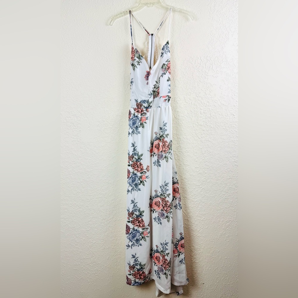 Floral Maxi Dress - White with Pink and Blue Floral Accents Large